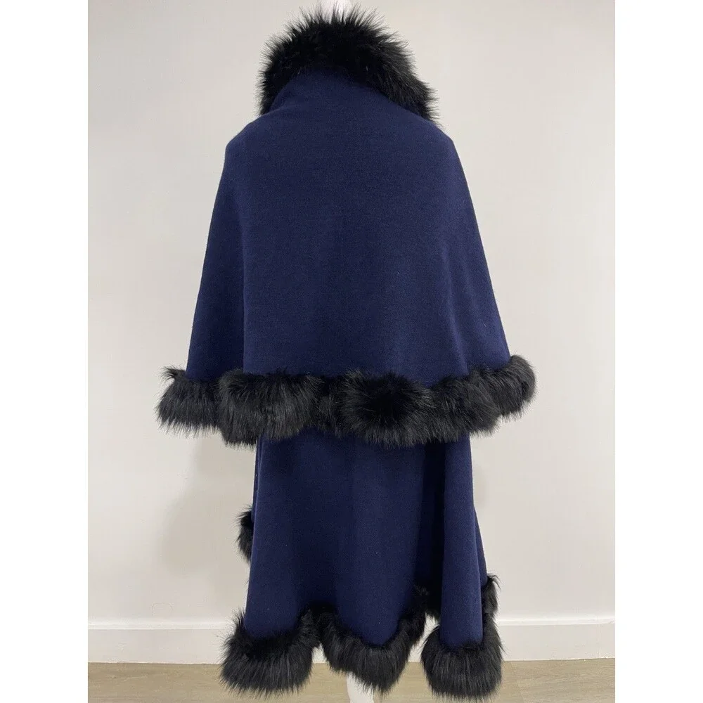 Donna Lepure Navy 100% Wool Knit Shawl Wrap Women Old Money Mob Wife Faux Fur